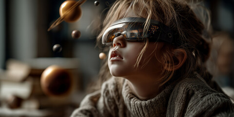 Fototapeta premium Curious girl in hightech goggles exploring celestial bodies and particles in cozy indoor environment