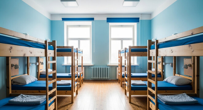 Bright and tidy hostel dormitory room with wooden bunk beds and large windows