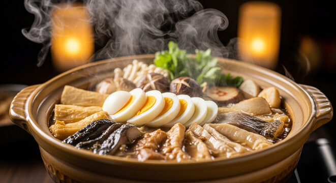 Traditional hot pot with assorted ingredients steaming in clay pot at dinner