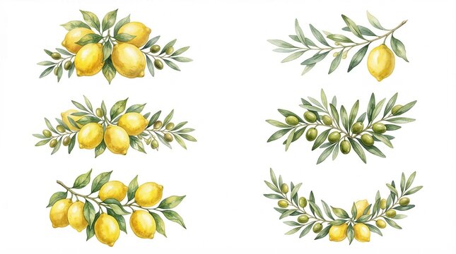 Watercolor Lemon and Olive Branch Vector Set for Mediterranean Design Elements and Botanical Illustrations