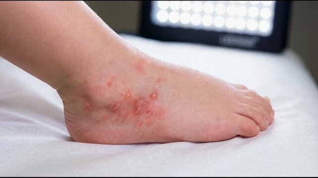 Close up of a child's foot with red blisters and inflammation, indicating a skin condition like eczema or psoriasis