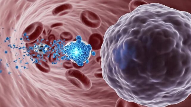 Microscopic view of a cancerous cell being targeted by nanobots in a blood vessel, medical treatment concept.