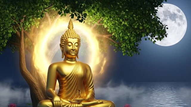 Buddha purnima tranquility: golden buddha meditation by moonlit lake