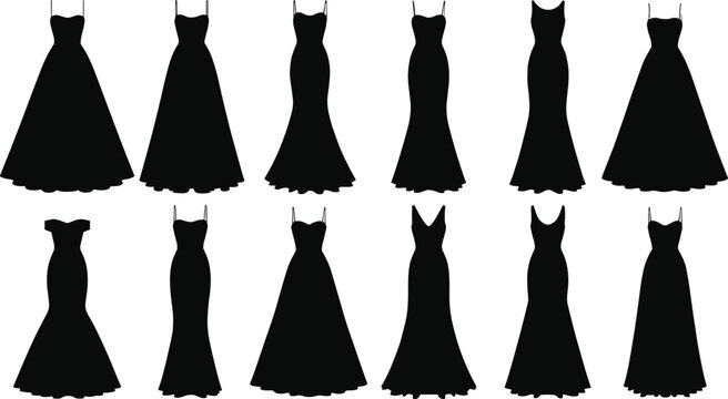 Elegant evening dress silhouette collection set, long gown fashion styles for women, formal clothing vector illustration pack