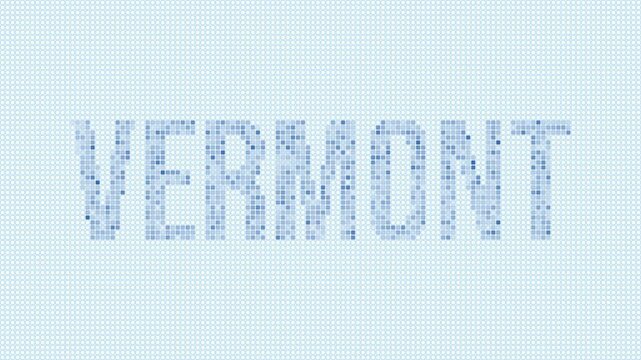 Vermont, United States dotted map animation. Digital style shape of the state. Vermont, United States shape and title dots appear with bulb flickering effect. Intro, outro, logo, title video.