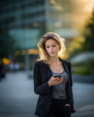 Fototapeta premium Woman checking phone outdoors urban lifestyle casual mood