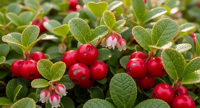 A close up view of vibrant red lingonberry fruits growing among lush green leaves and small flowers. american bearberry