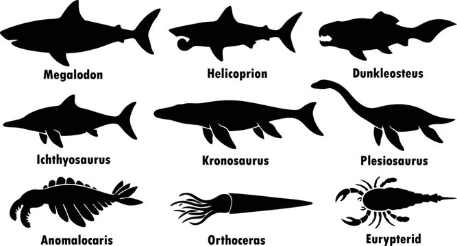 Prehistoric Marine Creatures and Ancient Sea Monster Silhouette Icon Set