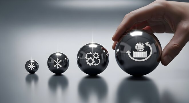 Visualizing the strategic implementation and ongoing refinement of global business operations, data processing, and interconnected digital systems through a series of iconic spheres