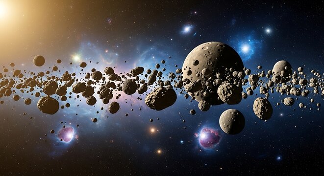 A vast asteroid field drifting through deep space with craters and glowing nebulae in the distance. astroid belt