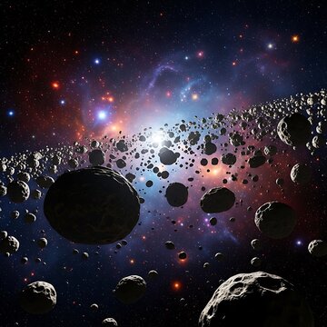A vast field of rocky asteroids floating through the deep expanse of a colorful nebular star field. astroid belt