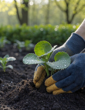 A gardener uses hands to work with soil and spring growth while planting and watering the plants in a summer garden