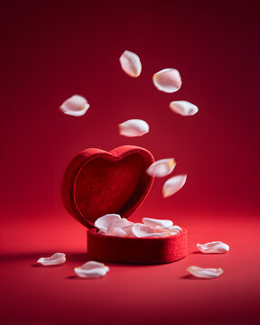 Romantic heart-shaped box petals falling studio close-up love concept