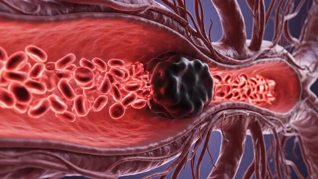 Blood clot obstructing a vein, causing a blockage and restricting blood flow, a medical illustration of thrombosis.