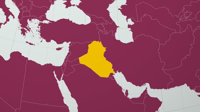 Iraq map. Animated zoom into the country on the Globe in Pale Mint Dark Pink color palette. Country logo animation with round text and airplanes. Map with meridians, parallels. Trending video.