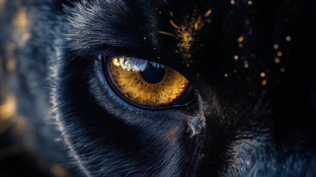 Close up of a black panther eye with golden reflections and detailed fur texture in dark lighting