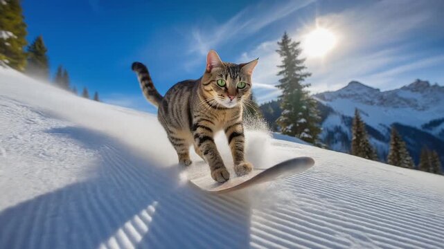 Playful cat snowboarding on snowy mountain slope with pine trees and clear blue sky in winter
