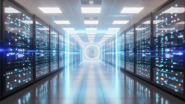 Modern data center server room with rows of illuminated high tech computer servers and futuristic digital lights