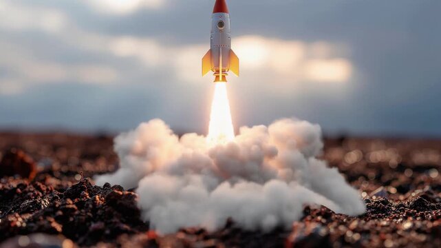 Small rocket launch with smoke and fire on soil surface during sunset background