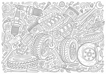Obraz premium Detailed line art drawing of disassembled engine parts tires and tools for automotive repair
