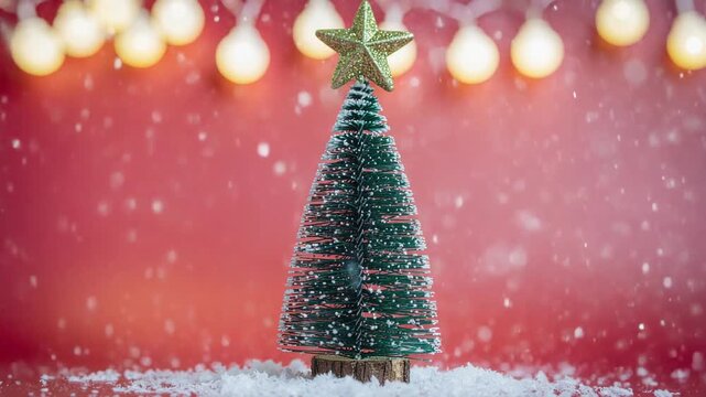Festive miniature Christmas tree with golden star and falling snow on warm red background with lights