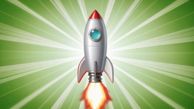 Retro silver rocket ship launching with bright flames on green futuristic background