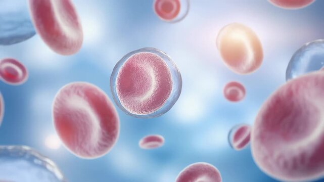 Close up view of red blood cells and biological cells in a blue medical background for healthcare and science