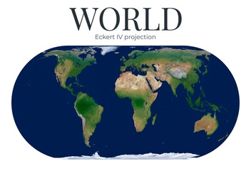 World Map. Eckert IV projection. High Detail Physical Map of The World. Raster Graphic Illustration. © Eugene Ga