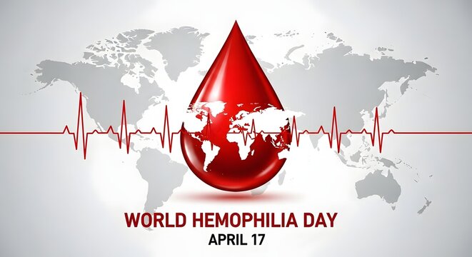 World hemophilia day awareness campaign with red blood drop on world map background