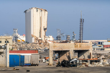Beirut port explosion location with damaged grain silos and debris at Lebanon, site of the 2020 ammonium nitrate catastrophe.  © Artaxerxes