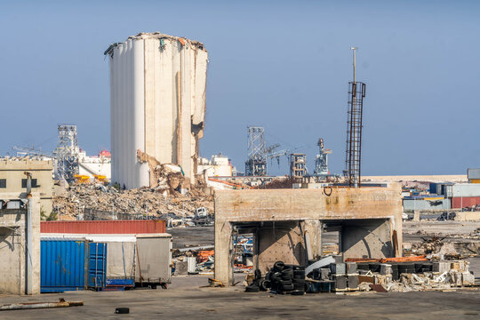 Beirut port explosion location with damaged grain silos and debris at Lebanon, site of the 2020 ammonium nitrate catastrophe.
