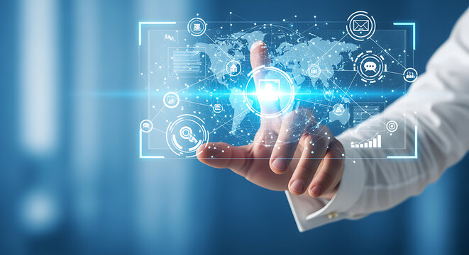 A person's hand interacts with a glowing blue interface filled with icons.