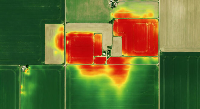 Vibrant heatmap overlay on an aerial view of agricultural fields, illustrating advanced crop analytics and precision farming techniques for monitoring plant health and optimizing agricultural output