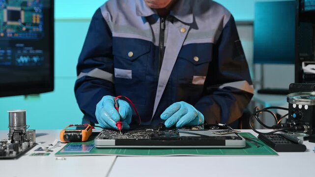 Technician inspecting laptop motherboard using magnifying glass in electronics repair lab, highlighting computer diagnostics, hardware maintenance, engineering