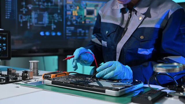 Technician inspecting laptop motherboard using magnifying glass in electronics repair lab, highlighting computer diagnostics, hardware maintenance, engineering