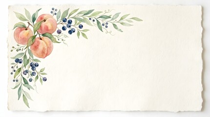 Elegant Watercolor Peach and Blueberry Botanical Border on Textured Paper