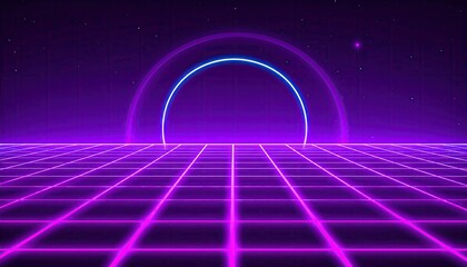 Retro neon grid perspective with circle background, space, and a potential gaming atmosphere