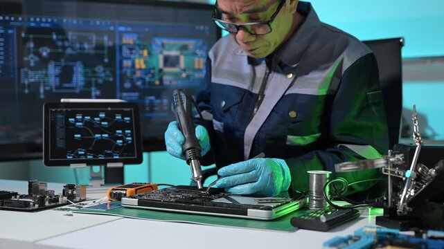 Technician inspecting laptop motherboard using magnifying glass in electronics repair lab, highlighting computer diagnostics, hardware maintenance, engineering