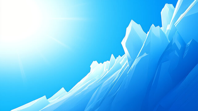 Bright sun shines over sharp, geometric blue and white ice formations, creating an abstract winter landscape under a clear sky