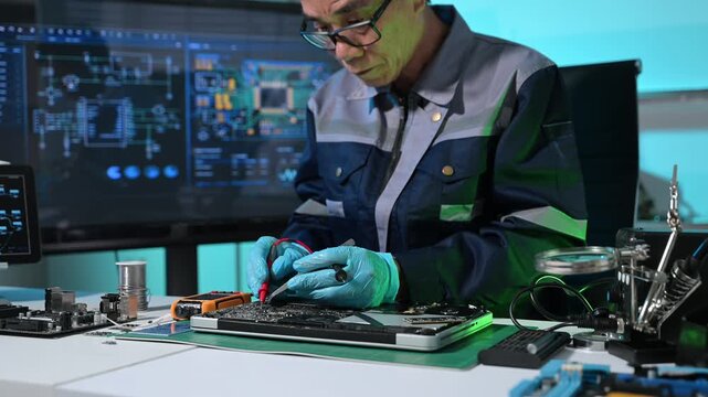 Technician inspecting laptop motherboard using magnifying glass in electronics repair lab, highlighting computer diagnostics, hardware maintenance, engineering