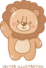 Fototapeta premium Cute Hand-Drawn Baby Lion Waving Hello Illustration: Adorable Standing Lion Cub Character for Nursery, Baby Shower, First Birthday, and Kids Celebration Decor.