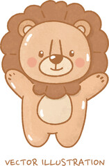 Obraz premium Cute Hand-Drawn Baby Lion Waving Hello Illustration: Adorable Standing Lion Cub Character for Nursery, Baby Shower, First Birthday, and Kids Celebration Decor.