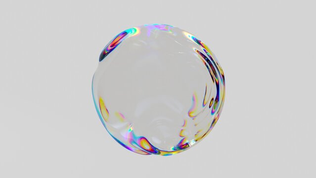 Abstract 3D render iridescent glass bubble with holographic liquid refraction. Fluid organic sphere with rainbow spectral dispersion, isolated on light background for modern futuristic design.