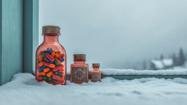 supplementary Three small bottles filled with colorful pills on snow-covered ill with winter landscape organic herbal mental health supplementary