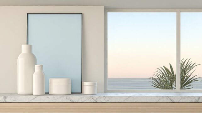 Minimalist Interior Bathroom Decor with White Bottles and Jar on Marble Surface by Large Window Showing Seascape organic herbal mental health supplementary