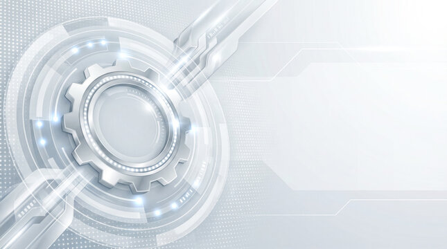 Abstract light grey technology background with futuristic digital gear interface, light effect and copy space. 