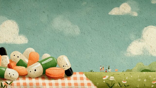 supplementary Illustration of colorful pills and capsules scattered on a checkered cloth in a whical outdoor scene with clouds and greenery organic herbal mental health supplementary
