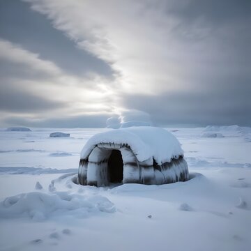 Traditional Igloo Shelter in Arctic Landscape with Snowy Horizon and Cloudy Sky