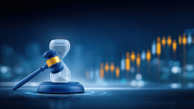 Blue auction gavel and hourglass symbolize real estate timing and legal sale urgency