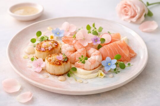 Seafood with Edible Flowers Fine Dining Presentation